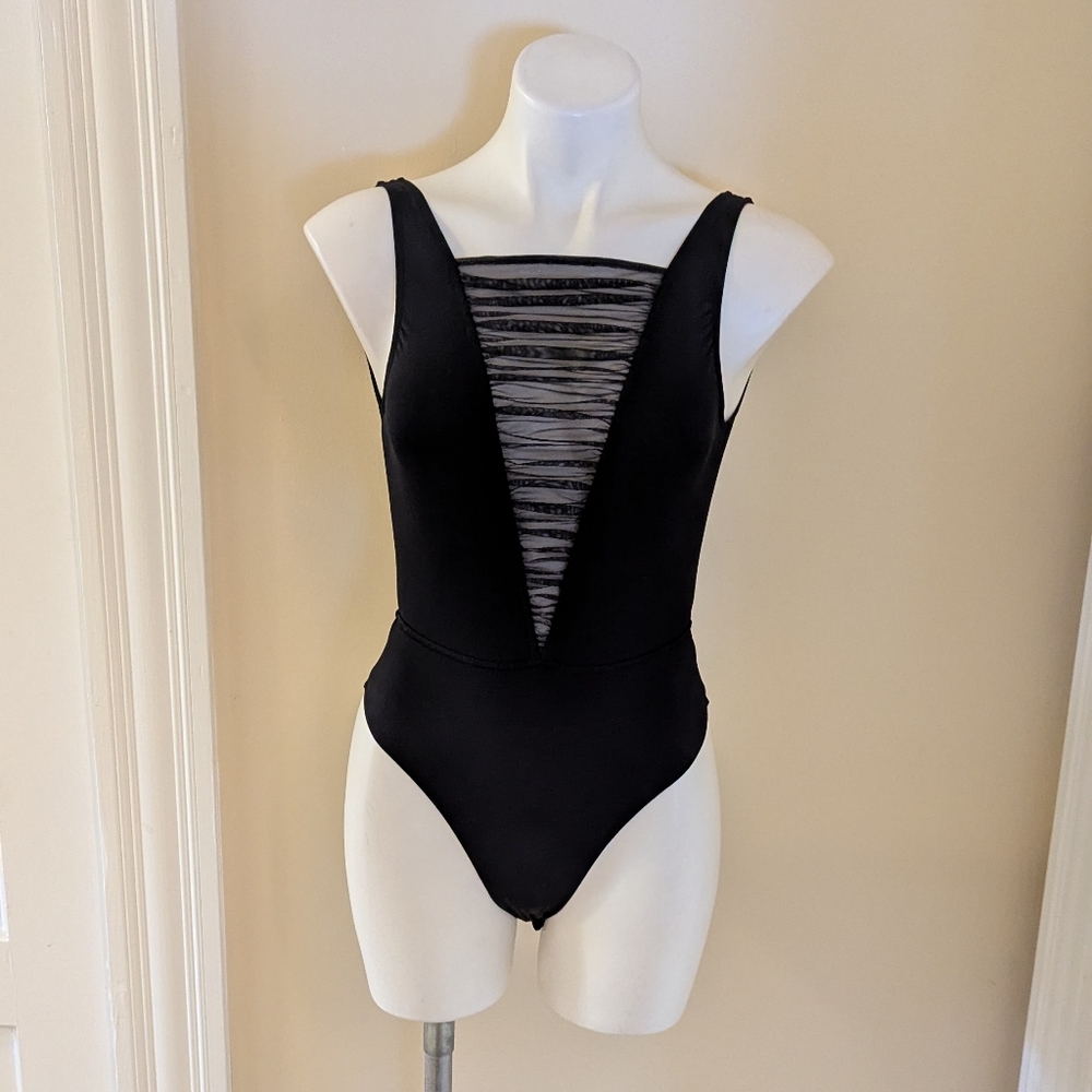 Victoria Secret black thong bodysuit with sheer panel size xs